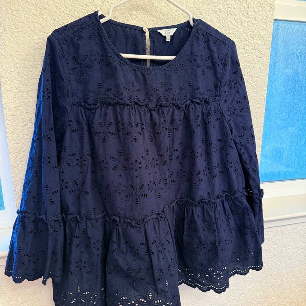 Navy Blue 100% Cotton Eyelet Blouse by Crown & Ivory-Boho Flutter Sleeve XXL - Picture 3 of 17
